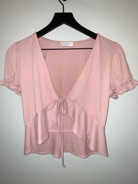 Juniper Blu Blush Pink Front Tie Crop Top Puff Sleeve Ruffle Hem Small